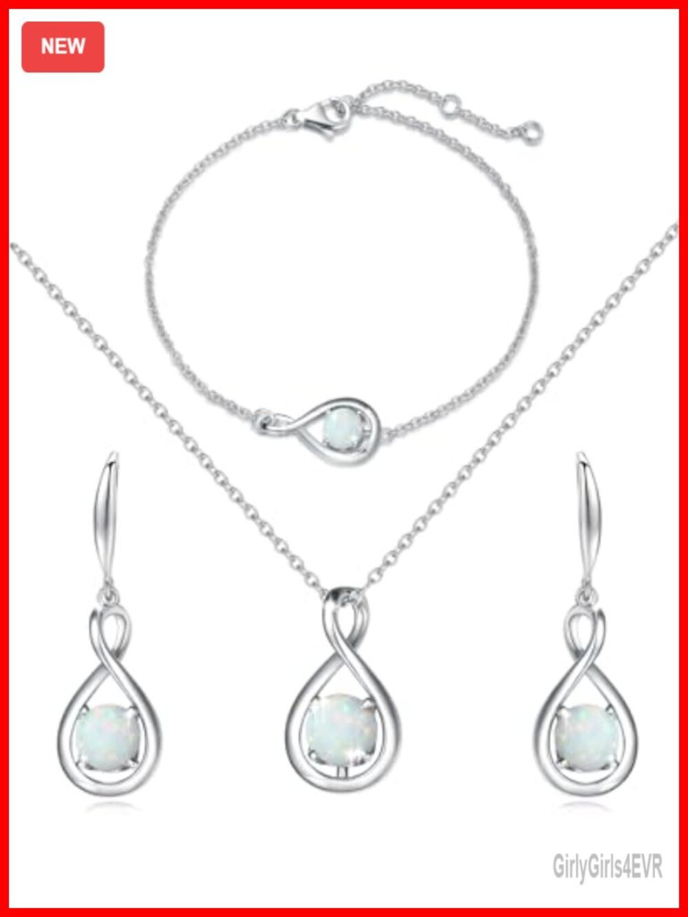 Sterling Silver Infinity Opal Birthstone Jewelry Set Earrings Necklace Bracelet